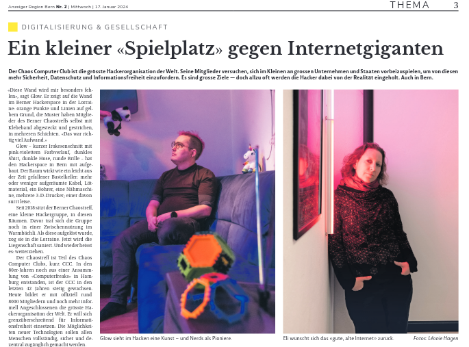 Screenshot of the article in the Anzeiger. It has photos of two members of the Chaostreff Bern